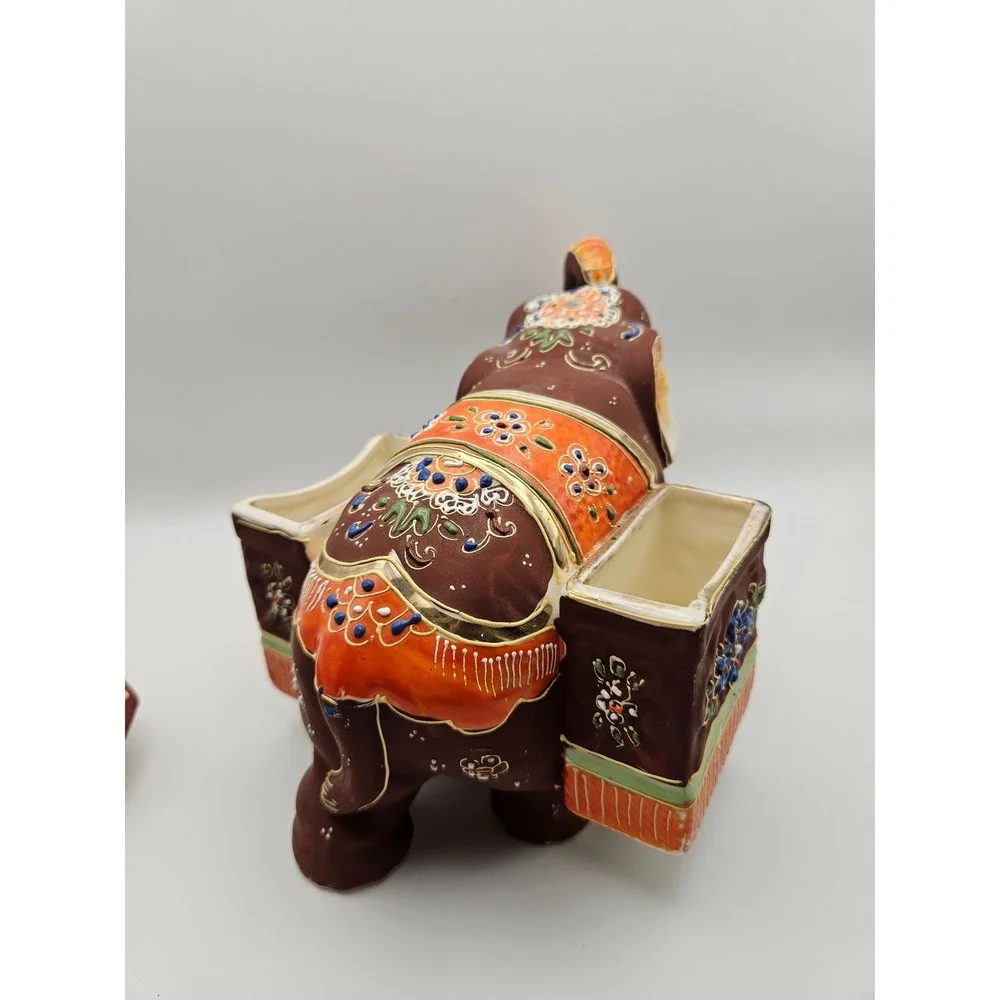 Vintage 1920s Japanese Satsuma Moriage Elephant Ashtray and Cigarette Holder Set